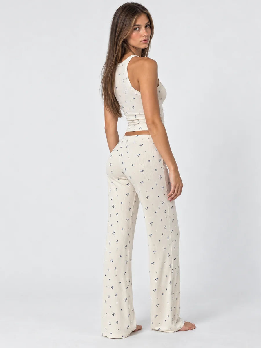 Conjunto de Pijama Acanalado de Flores Azules con Pantalón