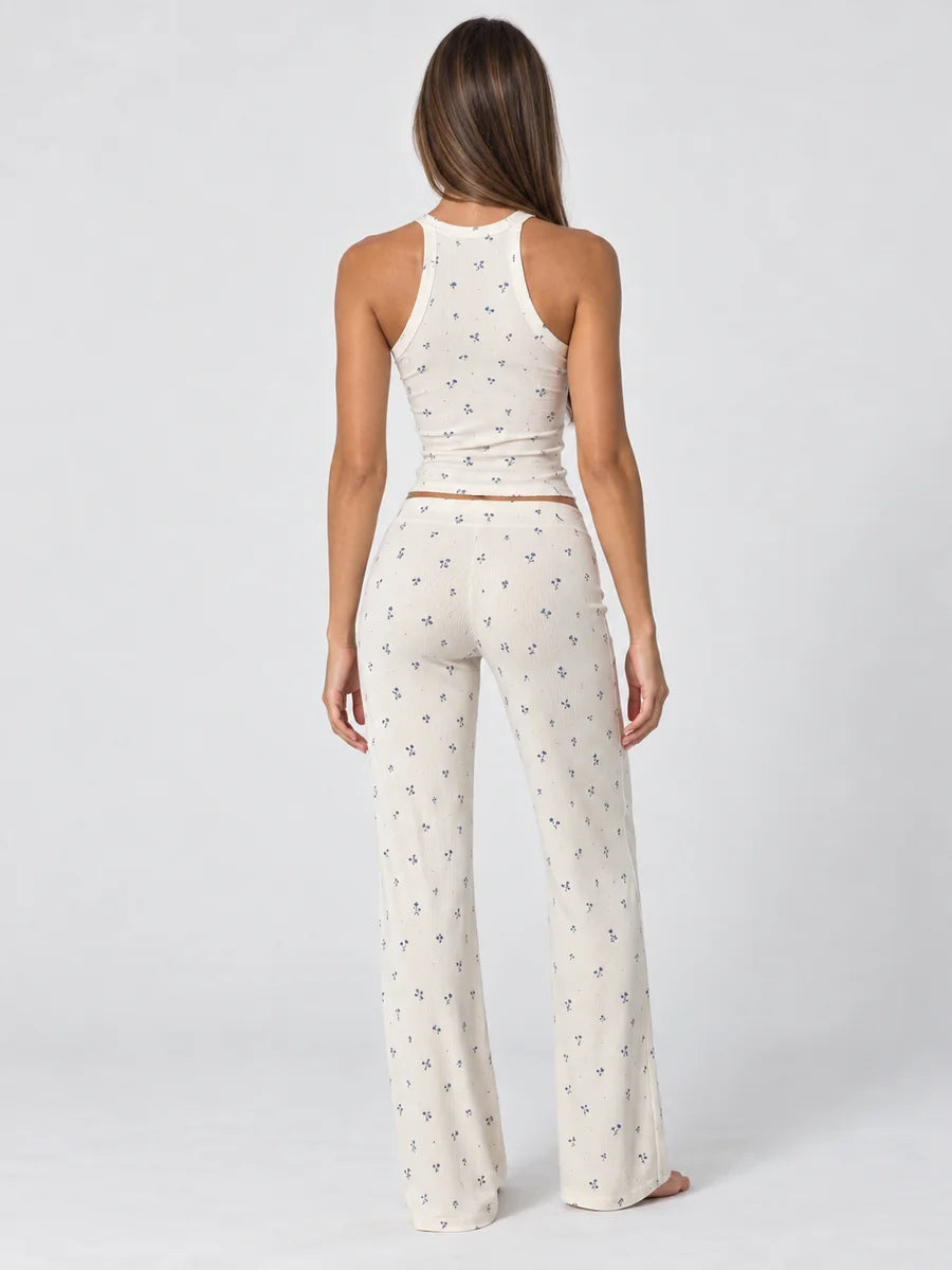 Conjunto de Pijama Acanalado de Flores Azules con Pantalón
