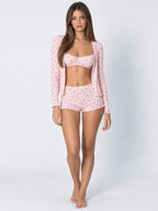 Conjunto de 3 Piezas Floral con Bralette, Short y Cárdigan, color rosa suave
