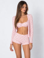 Conjunto de 3 Piezas Floral con Bralette, Short y Cárdigan, color rosa suave
