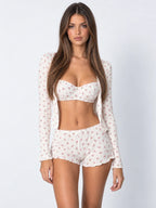 Conjunto de 3 Piezas Floral con Bralette, Short y Cárdigan, color blanco