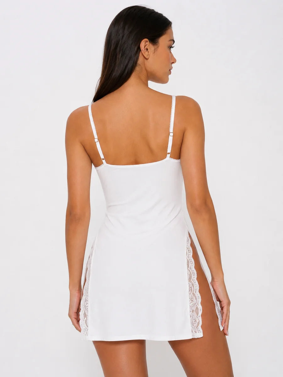 Camisón Ligero con Escote de Encaje y Abertura Lateral, color blanco