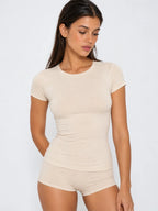 Conjunto Básico de Camiseta y Mini Short de Algodón, color albaricoque