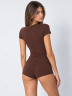 Conjunto Básico de Camiseta y Mini Short de Algodón, color marrón oscuro