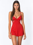 Camisón de Encaje Floral con Espalda Abierta, color rojo