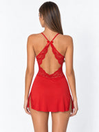 Camisón de Encaje Floral con Espalda Abierta, color rojo