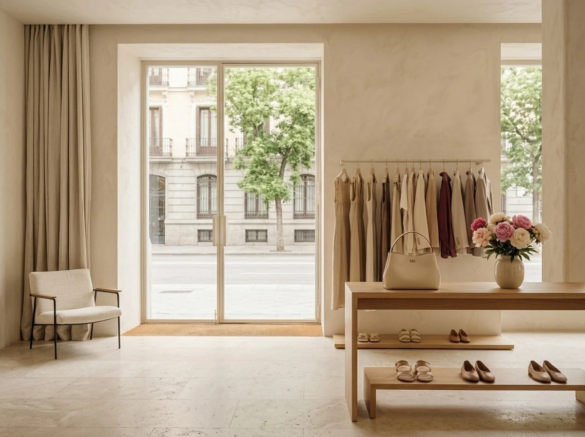 Interior de la boutique Natalia Mendoza con prendas de lino, una bolsa NM y peonías junto al ventanal