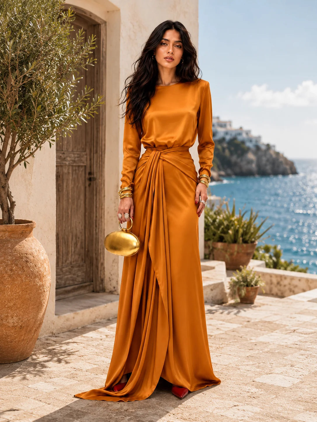 Celeste | Vestido Maxi de Satén Drapeado