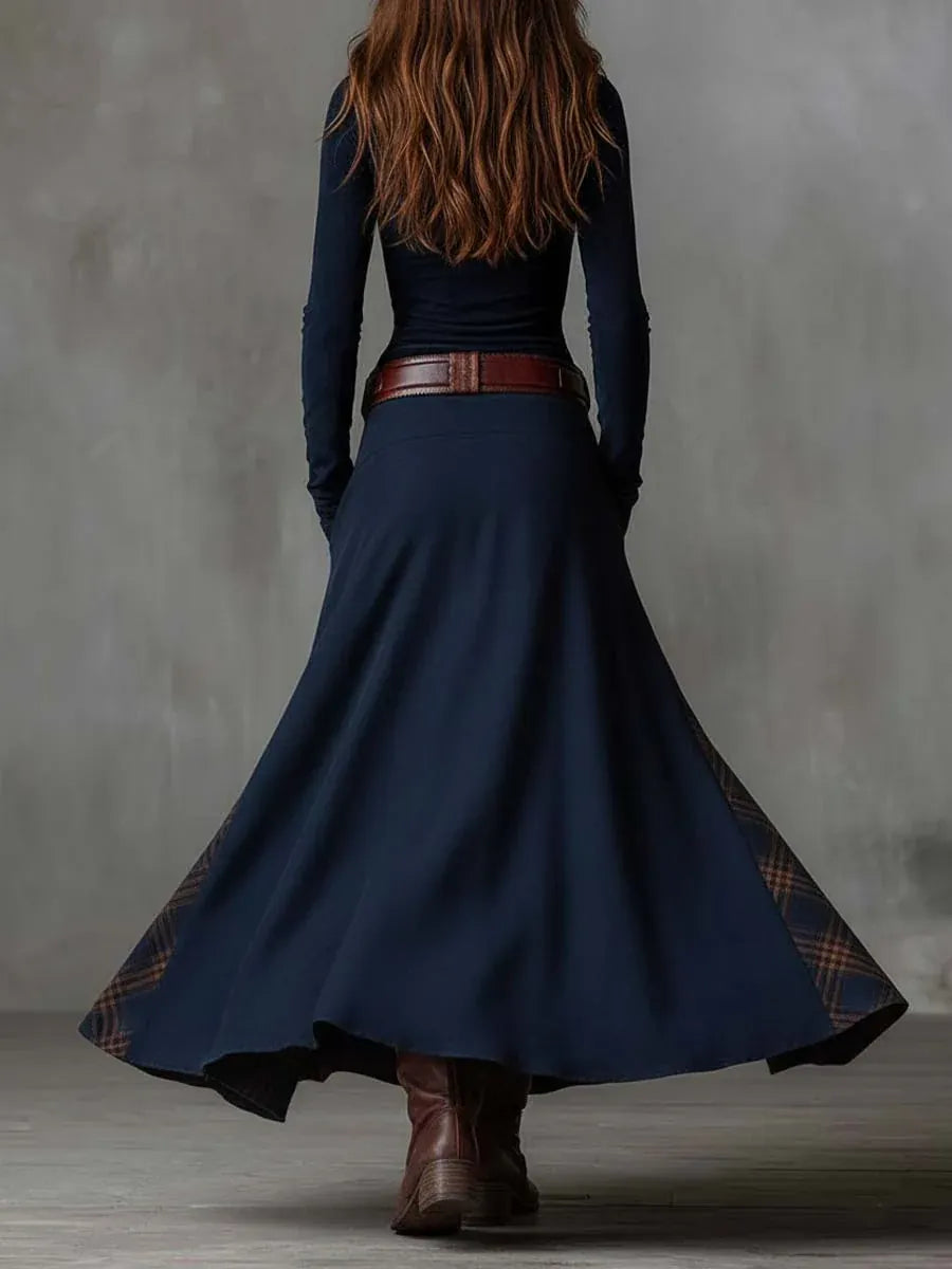 Coral | Vestido Maxi de Ante con Cinturón y Paneles a Cuadros