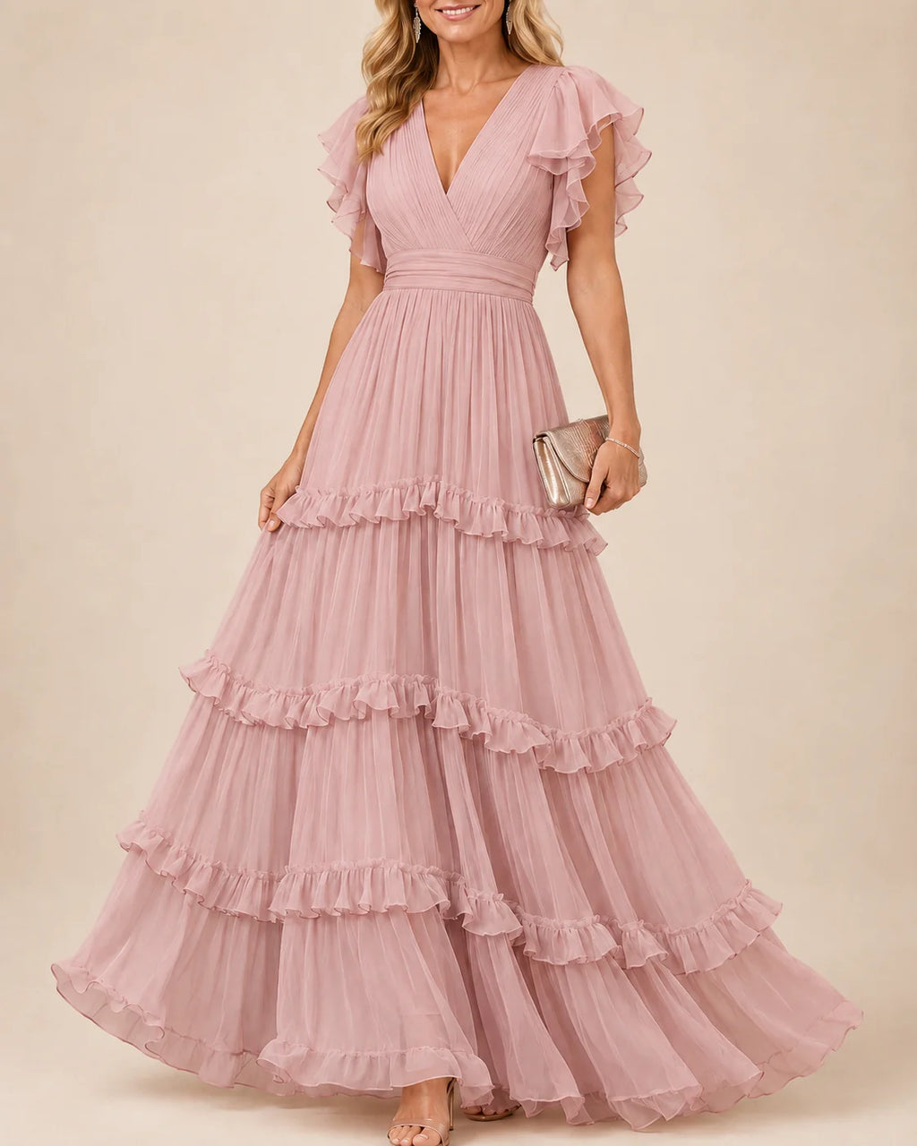 Fabiola | Vestido Maxi Rosa Empolvado con Volantes