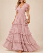 Fabiola | Vestido Maxi Rosa Empolvado con Volantes
