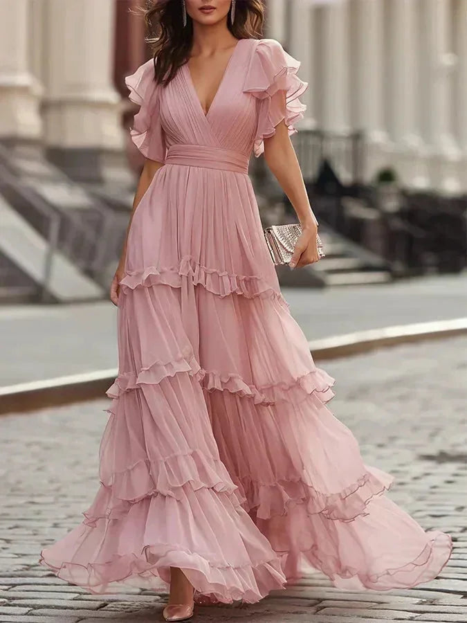 Fabiola | Vestido Maxi Rosa Empolvado con Volantes