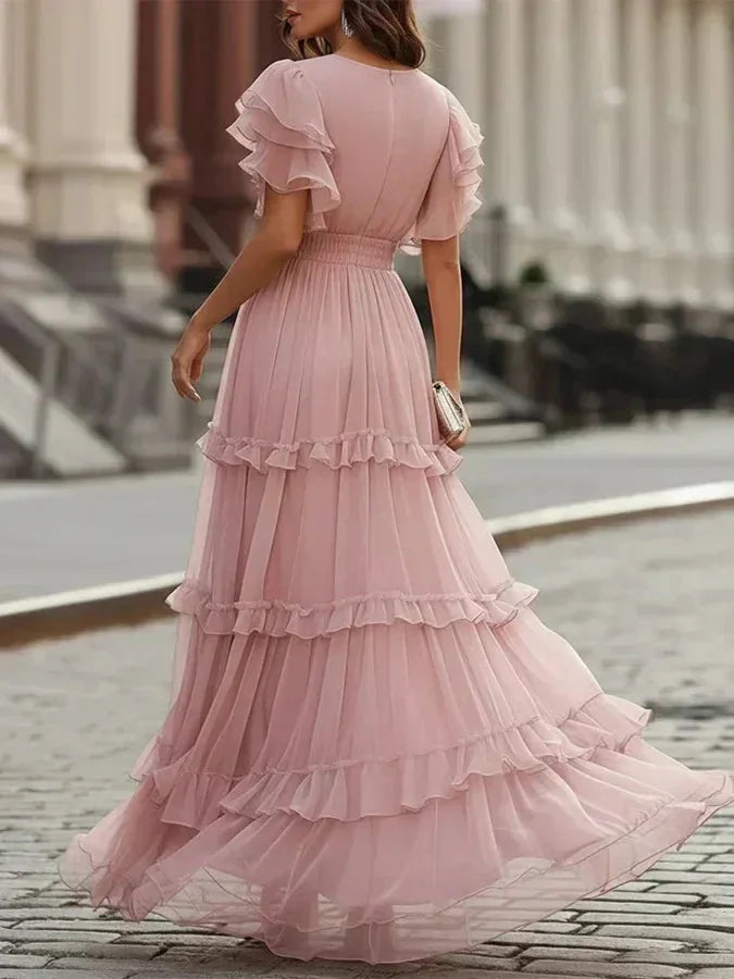 Fabiola | Vestido Maxi Rosa Empolvado con Volantes