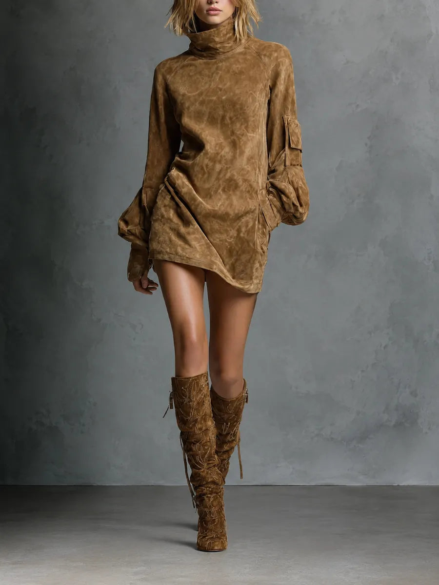 Greta | Vestido Corto Oversize de Ante con Cuello Alto