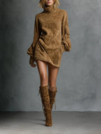 Greta | Vestido Corto Oversize de Ante con Cuello Alto