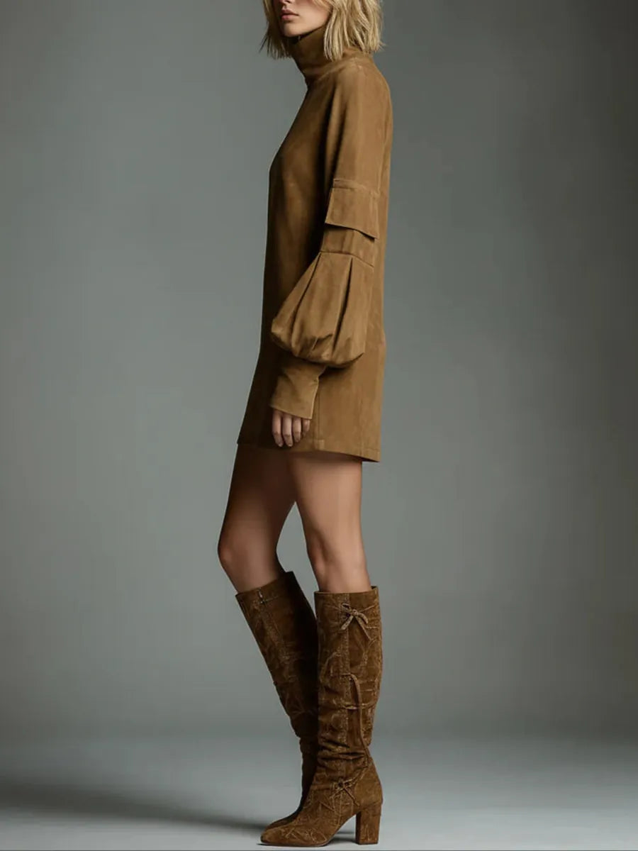 Greta | Vestido Corto Oversize de Ante con Cuello Alto