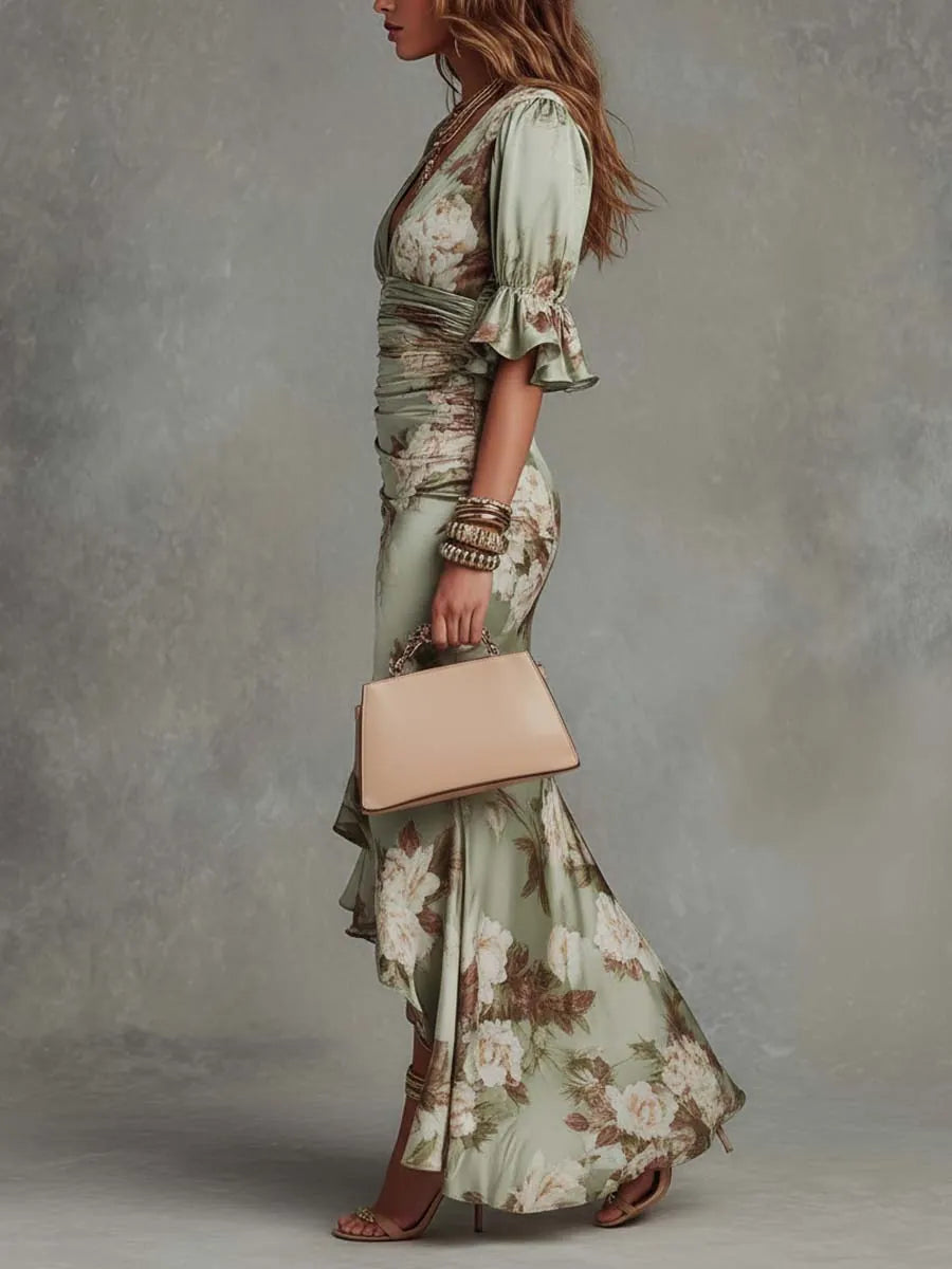 Milagros | Vestido Largo Floral con Escote en V y Volantes