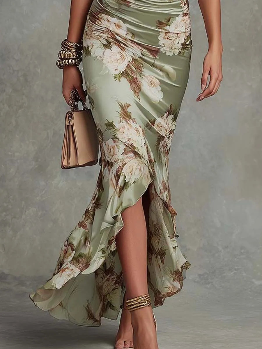 Milagros | Vestido Largo Floral con Escote en V y Volantes