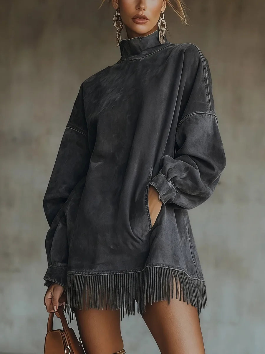 Otilia, vestido oversize de ante con flecos en gris oscuro