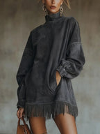 Otilia, vestido oversize de ante con flecos en gris oscuro