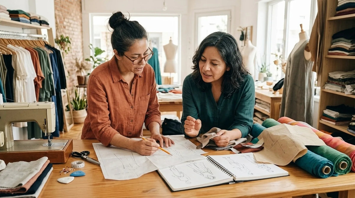 Dos mujeres diseñando prendas en un taller de costura