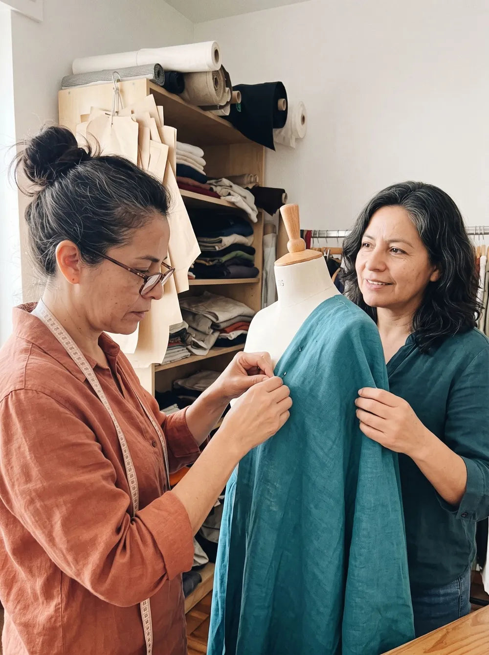Dos diseñadoras de moda trabajando juntas en el taller de Natalia Mendoza